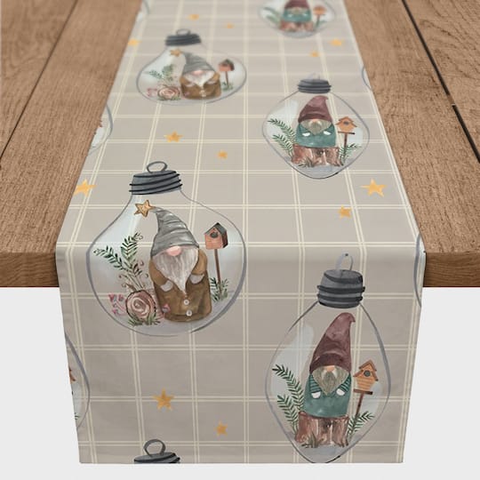 90" Gray & White Check Gnome Globe Pattern Cotton Twill Runner